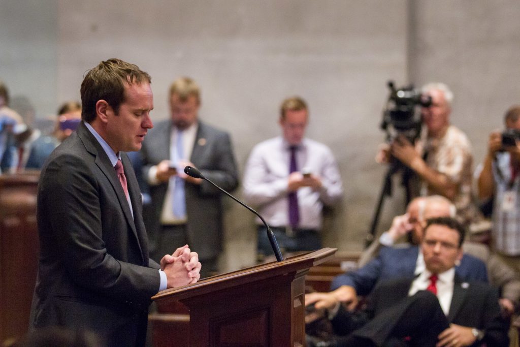 Republican Rep. Jeremy Durham, R-Franklin, addresses the House in Nashville, Tenn., on Tuesday, Sept. 13, 2016, from the well of the camber to urge his colleagues not to expel him from the Tennessee General Assembly. The move to expel Durham follows an attorney general's investigation that detailed allegations of improper sexual contact with at least 22 women over the course of his four years in office. (AP Photo/Erik Schelzig)